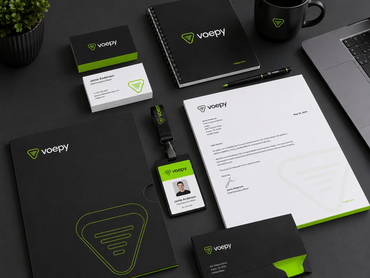 voepy stationery — notebook, business cards, ID badge, letterhead