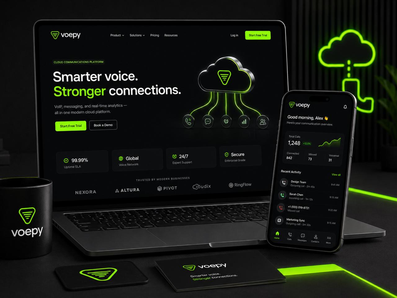 voepy product on a laptop and iPhone — outbound call dashboard