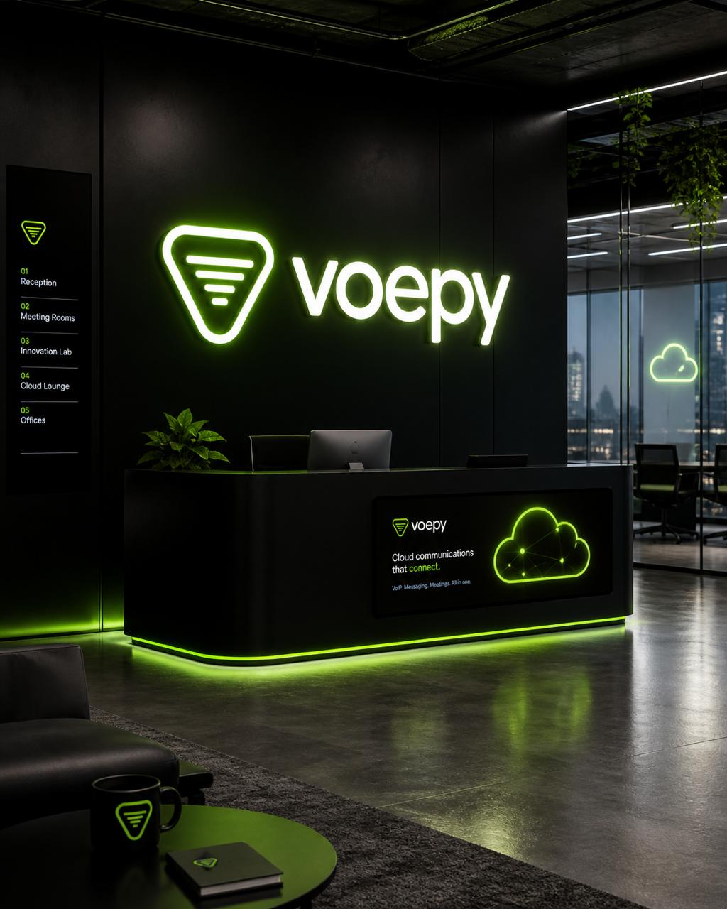 voepy reception with the neon-green wordmark on a black wall